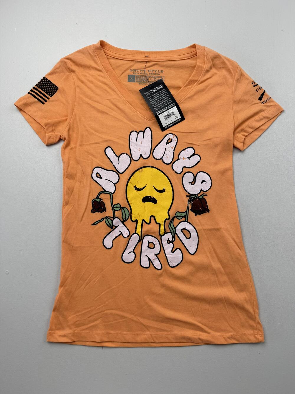 Grunt Style Shirt Womens S Orange V Neck Short Sleeve Always Tired Graphic Top